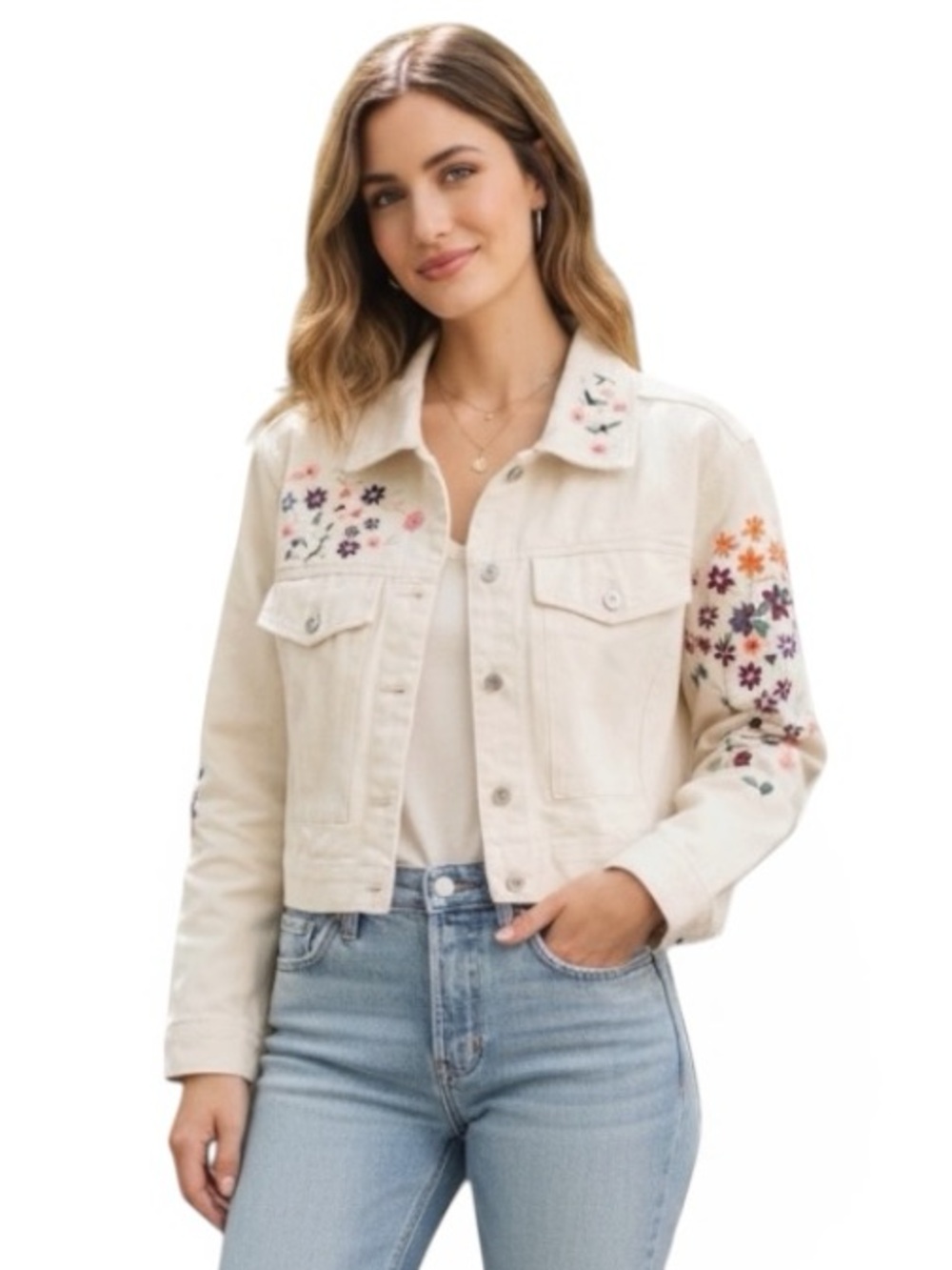 Dolan Cream Embroidered Floral Jacket with Multicolor Accents NWOT